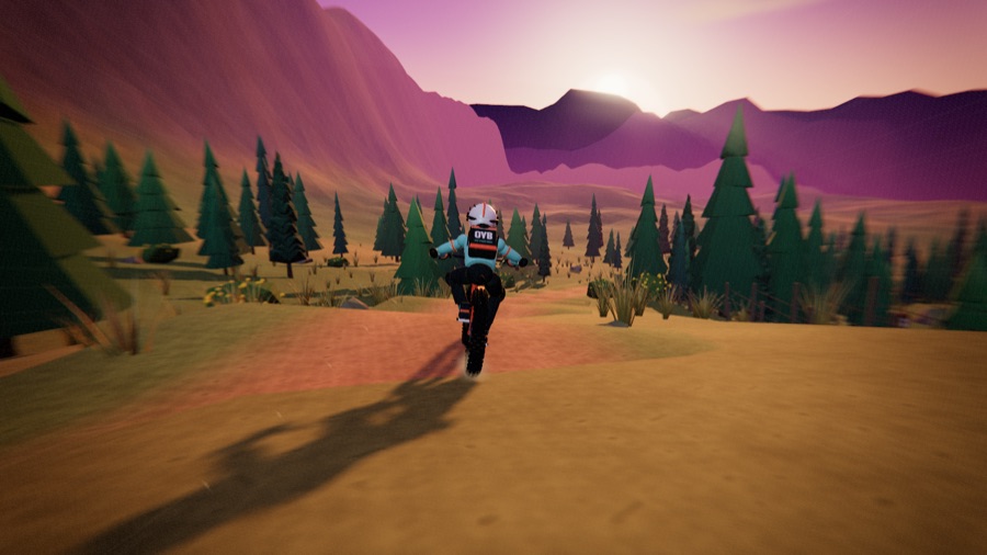 A mountain biker in the air on a dusk-lit farm trail in the Dusk Descent game